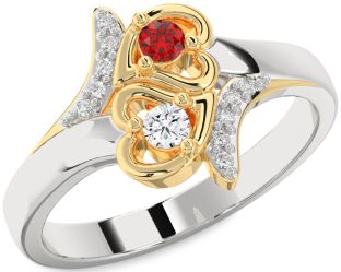 Diamond Emerald Platinum & Yellow Gold Heart Two Stone Birthstone Ring