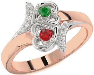 Diamond Emerald Platinum & Rose Gold Heart Two Stone Birthstone Ring