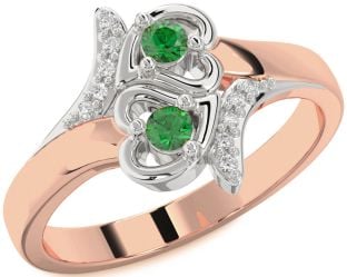 Diamond Emerald Platinum & Rose Gold Heart Two Stone Birthstone Ring