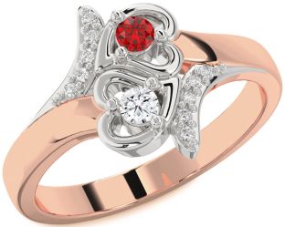 Diamond Emerald Platinum & Rose Gold Heart Two Stone Birthstone Ring