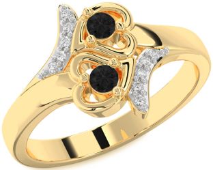 Black Diamond Gold Silver Heart Two Stone Ring