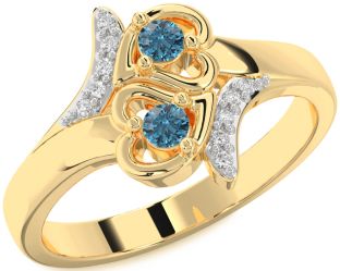 Blue Diamond Gold Silver Heart Two Stone Ring