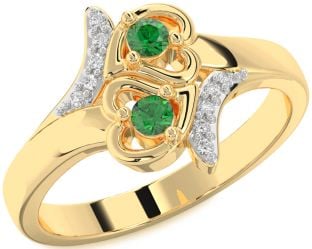 Diamond Emerald Gold Heart Two Stone Birthstone Ring