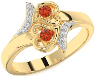 Diamond Fire Opal Gold Heart Two Stone Ring