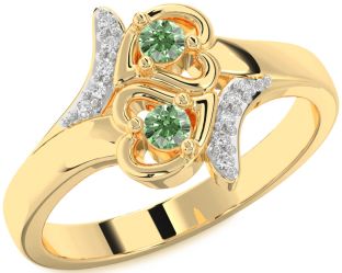 Green Diamond Gold Silver Heart Two Stone Ring