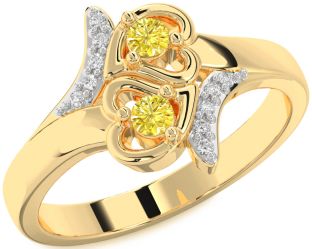 Yellow Diamond Gold Silver Heart Two Stone Ring