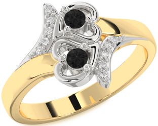 Black Diamond Gold Silver Heart Two Stone Ring