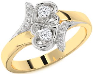 Diamond White Yellow Gold Heart Round Two Stone Ring