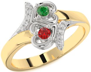 Diamond Emerald Platinum & Yellow Gold Heart Two Stone Birthstone Ring