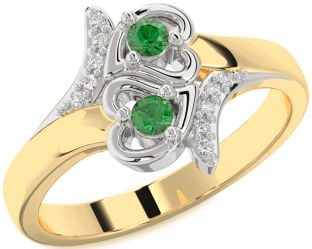 Diamond Emerald Platinum & Yellow Gold Heart Two Stone Birthstone Ring