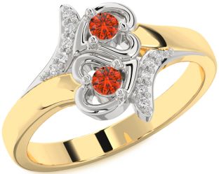 Diamond Fire Opal Gold Silver Heart Two Stone Ring