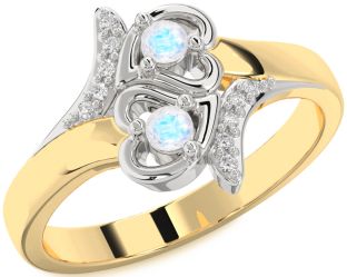 Diamond Moonstone Gold Silver Heart Two Stone Ring