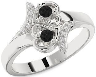 Black Diamond Silver Heart Two Stone Ring