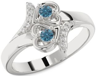 Blue Diamond Silver Heart Two Stone Ring