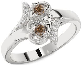 Chocolate Brown Diamond Silver Heart Two Stone Ring