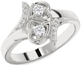 Diamond Silver Heart Round Two Stone Ring