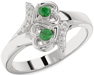 Diamond Emerald Silver Heart Two Stone Birthstone Ring