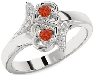 Diamond Fire Opal Silver Heart Two Stone Ring