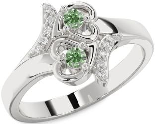 Green Diamond Silver Heart Two Stone Ring
