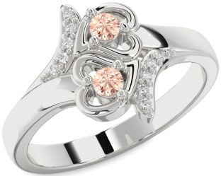 Diamond Morganite Silver Heart Two Stone Ring