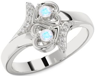 Diamond Moonstone Silver Heart Two Stone Ring