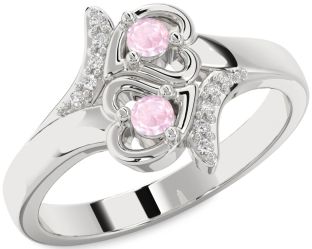 Diamond Rose Quartz Silver Heart Two Stone Ring