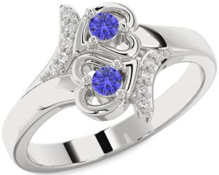 Diamond Tanzanite Silver Heart Two Stone Ring