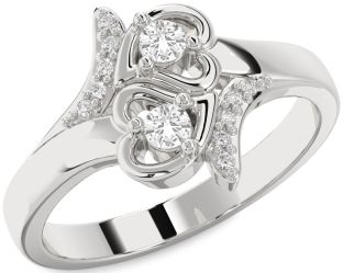 Diamond White Sapphire Silver Heart Two Stone Ring