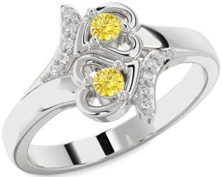 Yellow Diamond Silver Heart Two Stone Ring