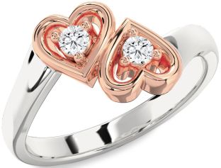 Diamond Silver & 10K Rose Gold Heart Round Two Stone Ring