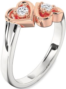 Diamond Silver & 10K Rose Gold Heart Two Stone Ring
