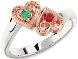 Emerald Platinum & Rose Gold Heart Two Stone Birthstone Ring