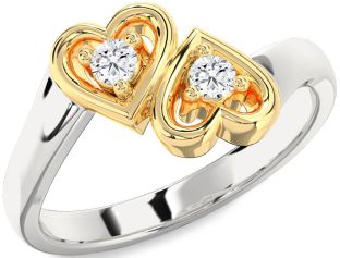 Diamond Silver & 10K gold Heart Round Two Stone Ring