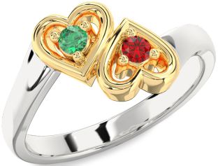 Emerald Platinum & Yellow Gold Heart Two Stone Birthstone Ring