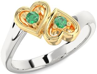 Emerald Platinum & Yellow Gold Heart Two Stone Birthstone Ring