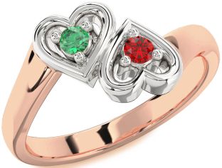 Emerald Platinum & Rose Gold Heart Two Stone Birthstone Ring