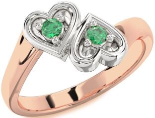 Emerald Platinum & Rose Gold Heart Two Stone Birthstone Ring