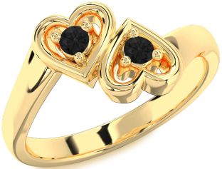 Black Diamond Gold Silver Heart Two Stone Ring