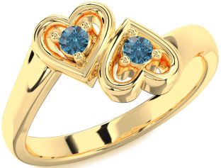 Blue Diamond Gold Heart Two Stone Ring