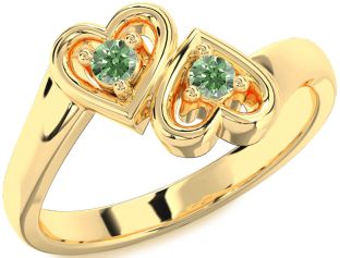 Green Diamond Gold Silver Heart Two Stone Ring