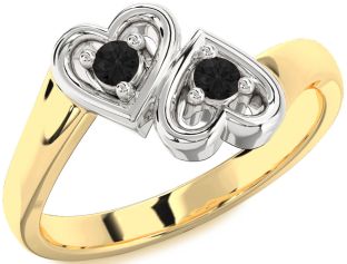 Black Diamond Gold Silver Heart Two Stone Ring
