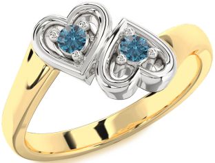 Blue Diamond Gold Silver Heart Two Stone Ring
