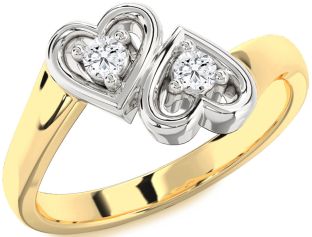 Diamond White Yellow Gold Heart Round Two Stone Ring