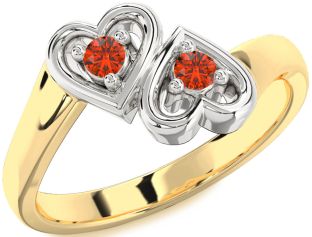 Fire Opal Gold Silver Heart Two Stone Ring