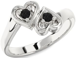 Black Diamond Silver Heart Two Stone Ring