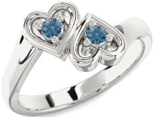 Blue Diamond Silver Heart Two Stone Ring