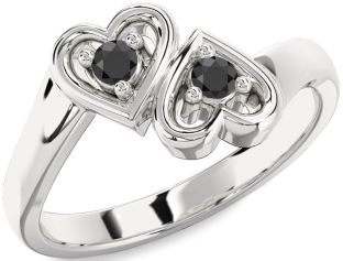 Black Onyx Silver Heart Two Stone Ring