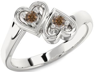 Chocolate Brown Diamond Silver Heart Two Stone Ring