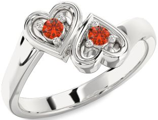 Fire Opal Silver Heart Two Stone Ring