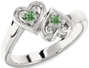 Green Diamond Silver Heart Two Stone Ring